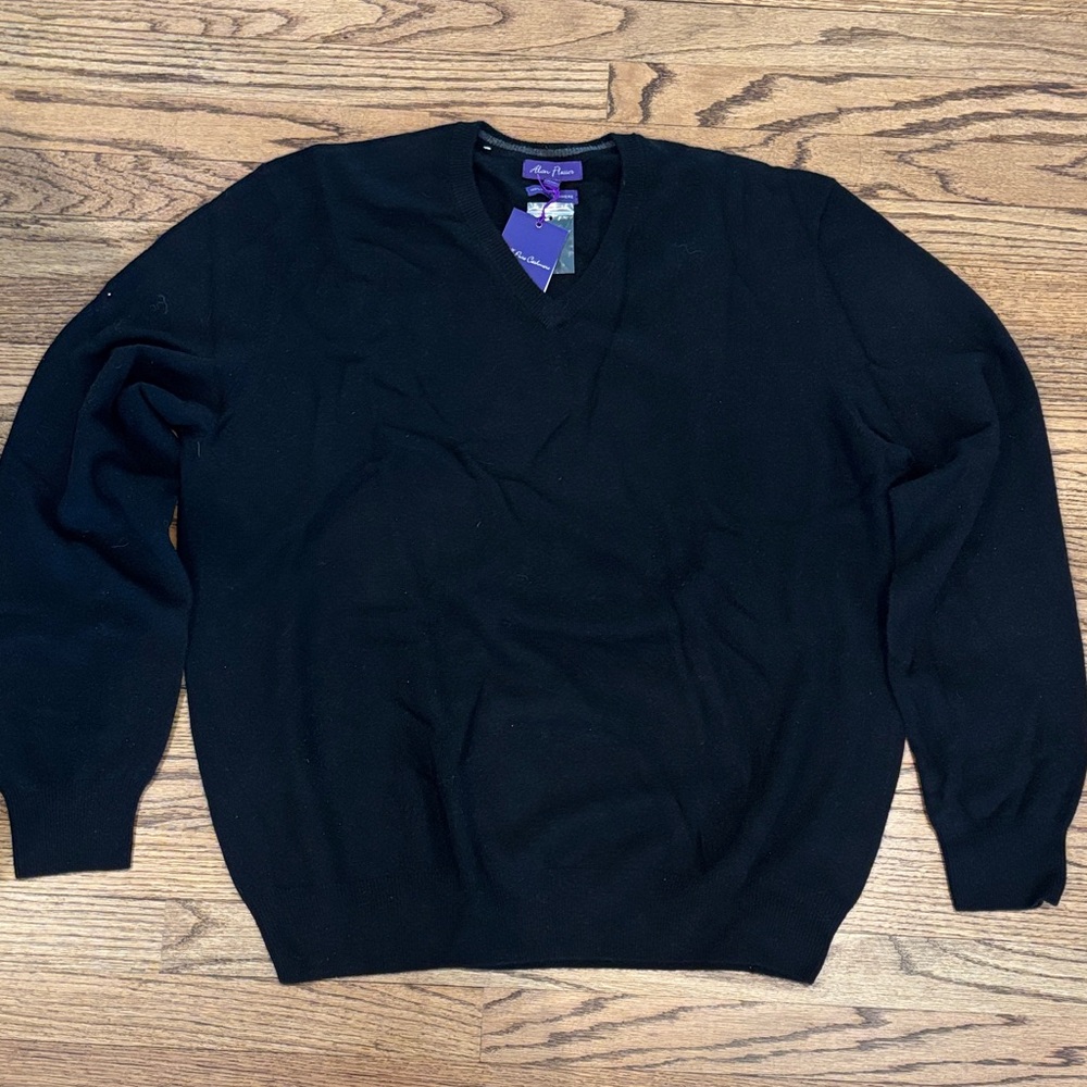 NWT Cashmere Alan Flusser Men's Black V-Neck Pullover Sweater XXL